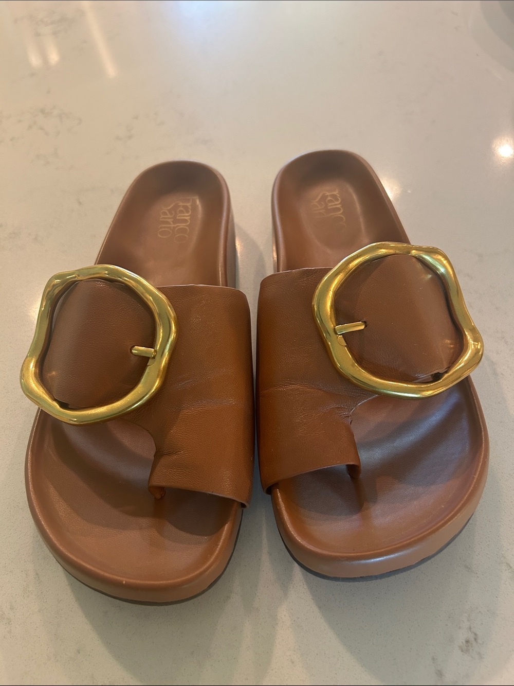Franco Sarto Cognac Brianka Leather Slide Mules with Gold Buckles